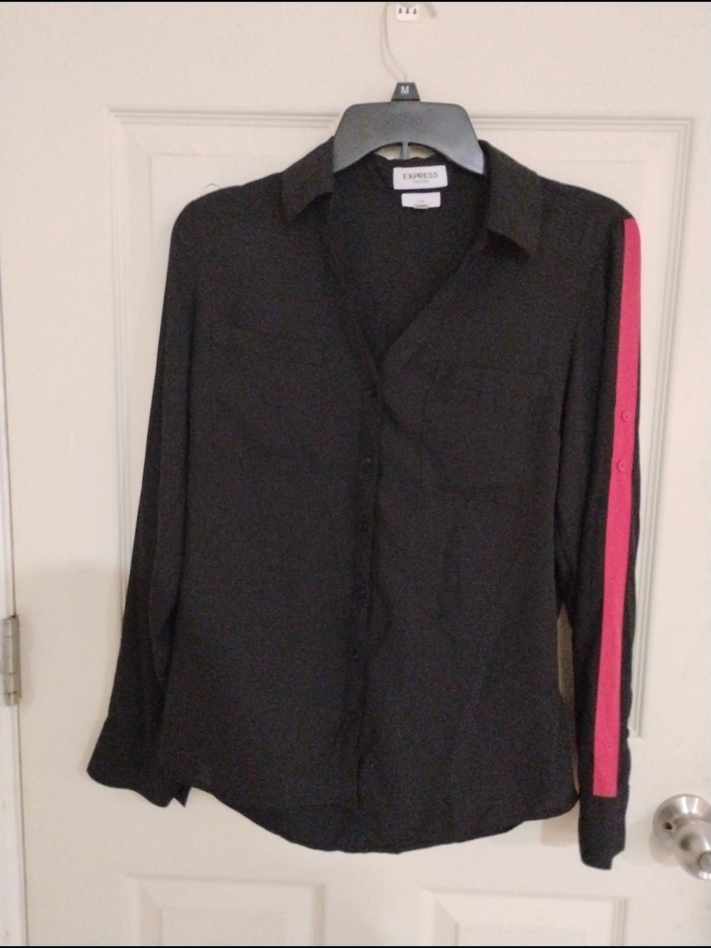 Express Black Button-Down Shirt with Red Sleeves Stripe